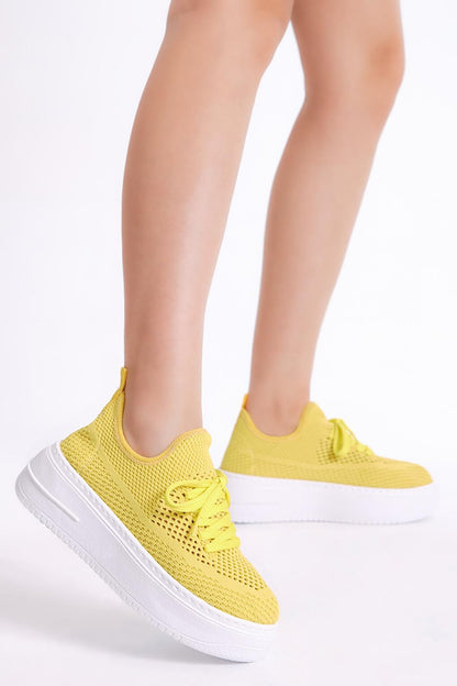 Women's Yellow Comfortable Mold High Sole Lace-up Tricot Sneaker