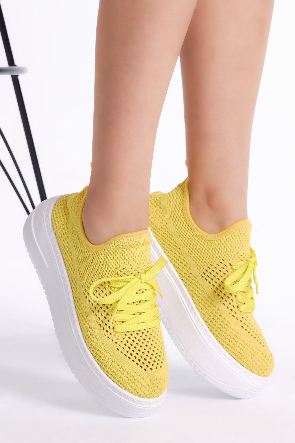 Women's Yellow Comfortable Mold High Sole Lace-up Tricot Sneaker