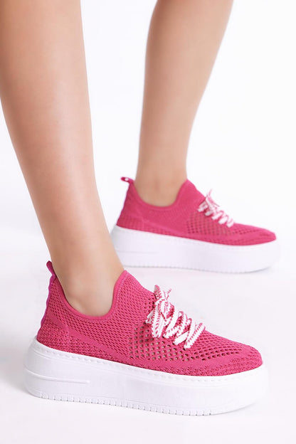 Women's Fuchsia Comfortable Mold High Sole Lace-up Tricot Sneaker