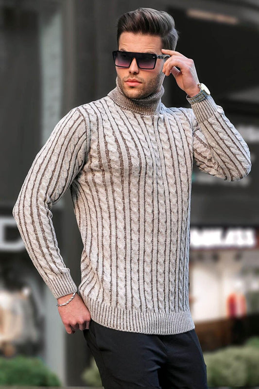 Beige Turtleneck Knitted Detailed Sweater 6317