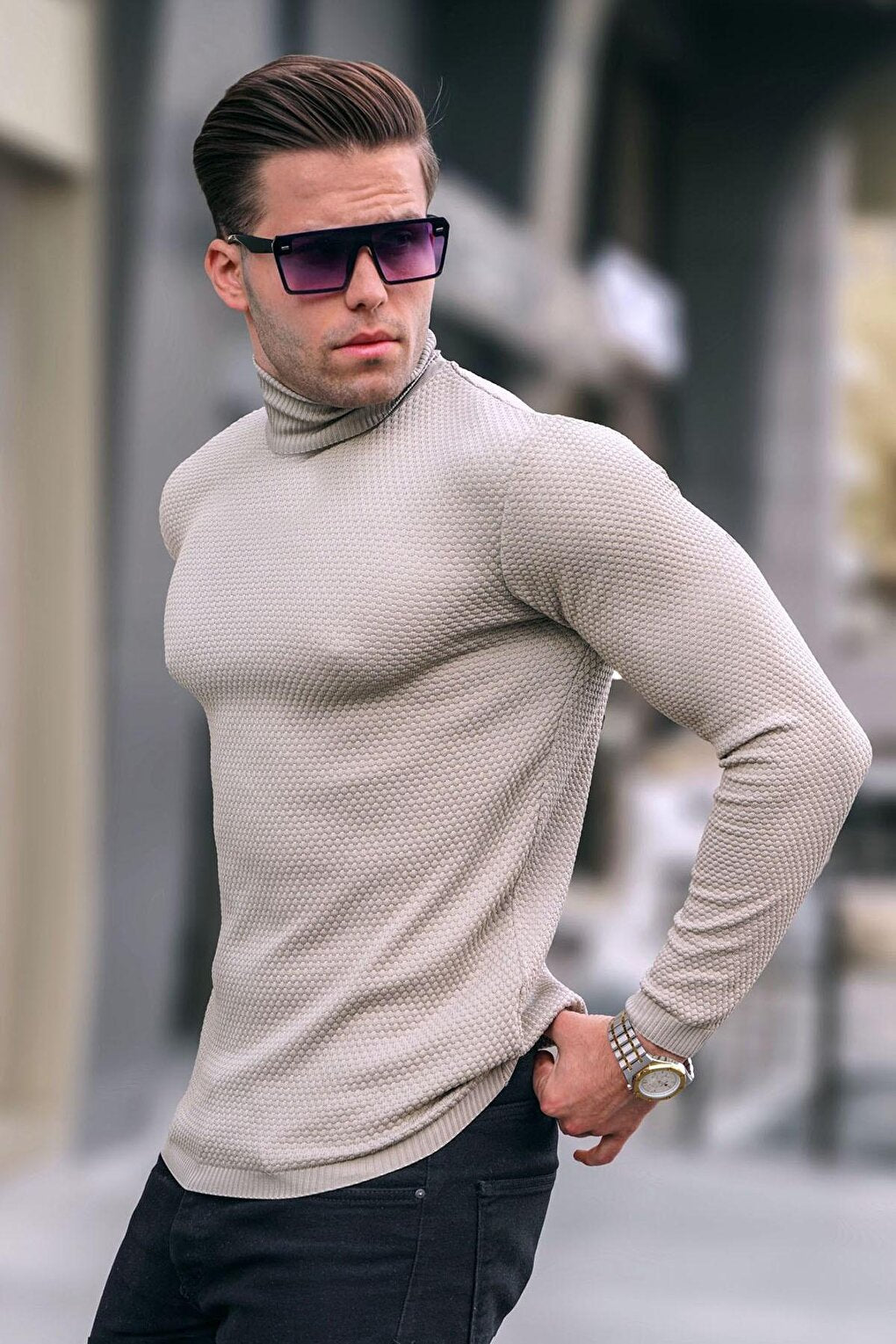 Beige Turtleneck Men's Knitwear Sweater 6306