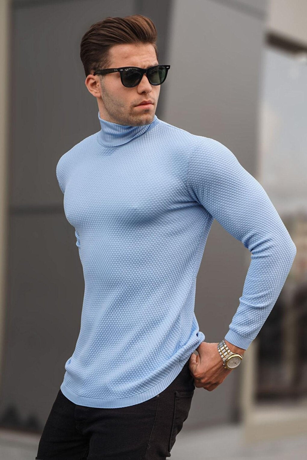 Blue Turtleneck Men's Knitwear Sweater 6306