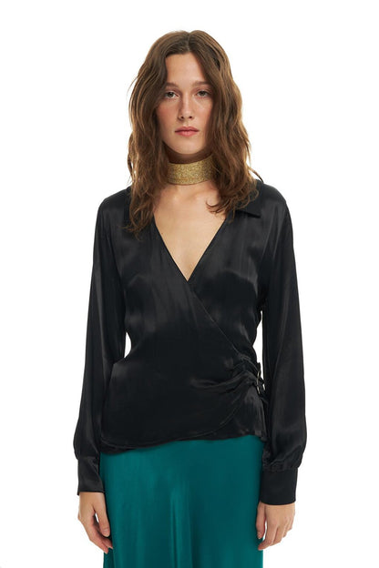 Double Breasted Tied Satin Shirt Black