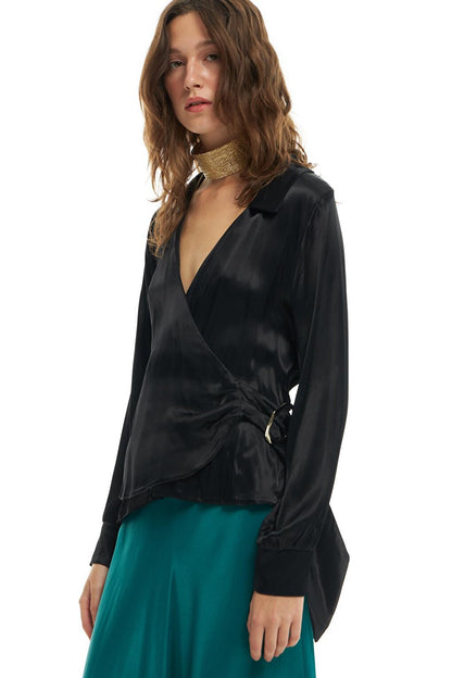 Double Breasted Tied Satin Shirt Black