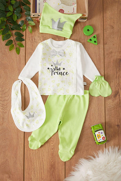 Pistachio Green Prince Printed Baby Boy 5-Piece Bodysuit Set with Hat 17524