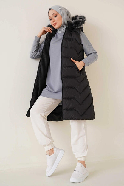 Black Hooded Pocket Zippered Long Puffer Vest