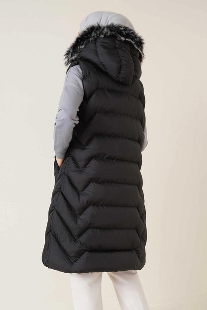 Black Hooded Pocket Zippered Long Puffer Vest