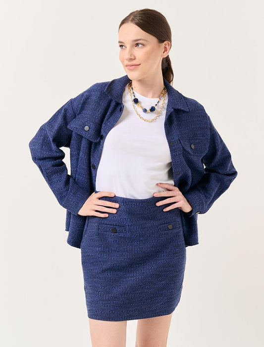 Navy Blue High Waist Mini Tweed Skirt