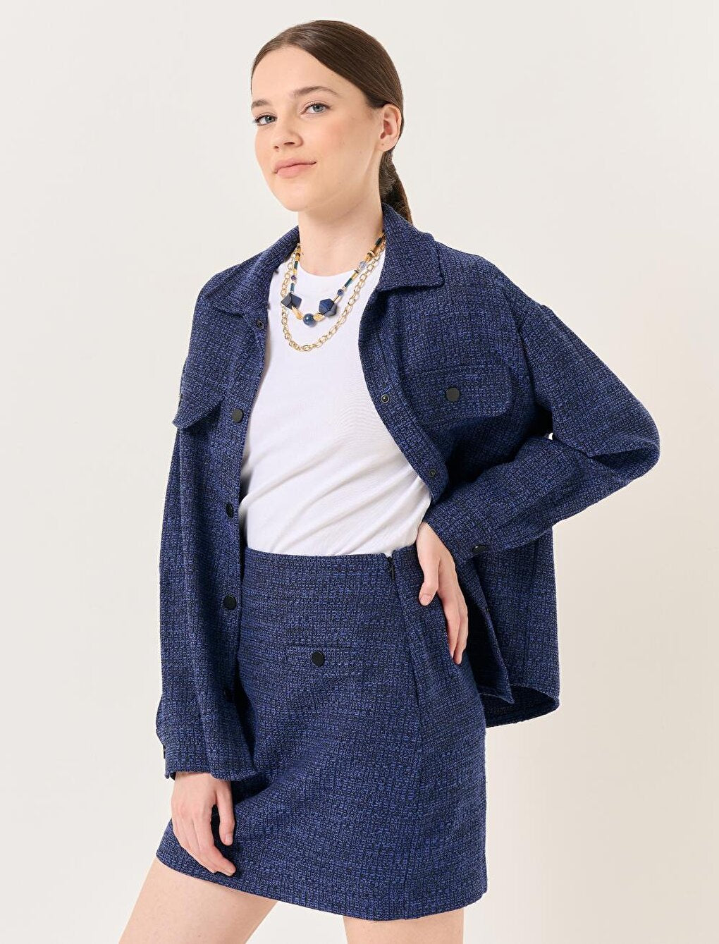 Navy Blue High Waist Mini Tweed Skirt