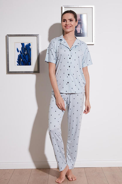 Patterned Short Sleeve Elastic Waist Shirt Collar Woven Pajama Set 6097515