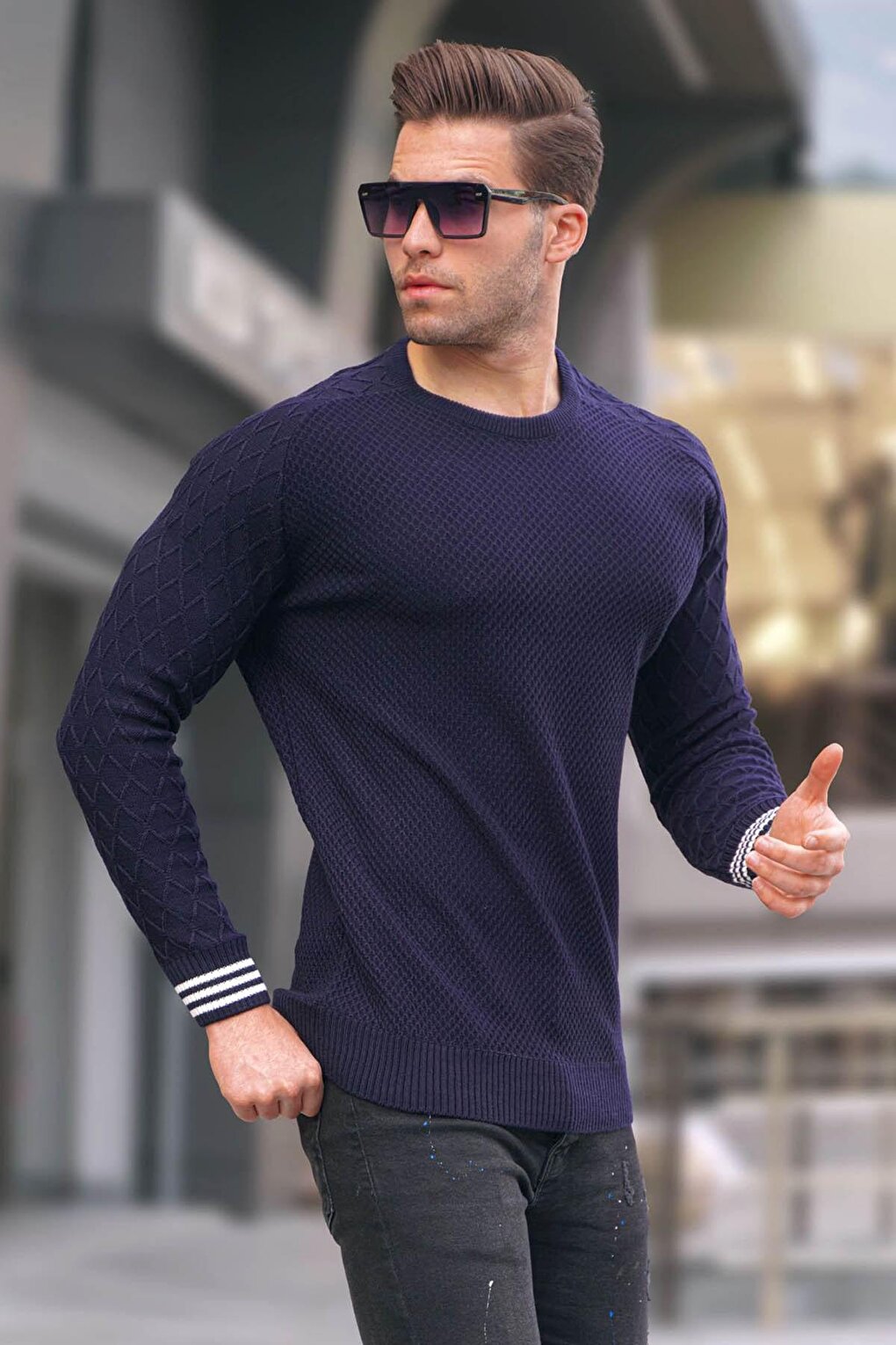 Navy Blue Sleeve Patterned Crew Neck Knitwear Men's Sweater 5987