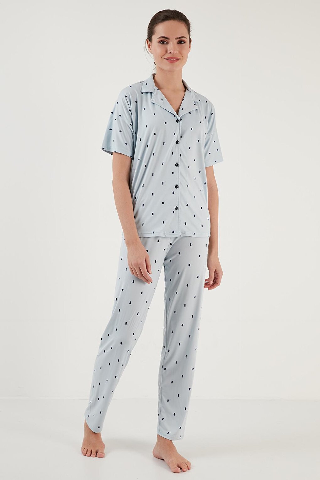 Patterned Short Sleeve Elastic Waist Shirt Collar Woven Pajama Set 6097515