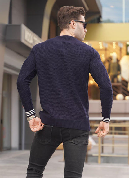 Navy Blue Sleeve Patterned Crew Neck Knitwear Men's Sweater 5987