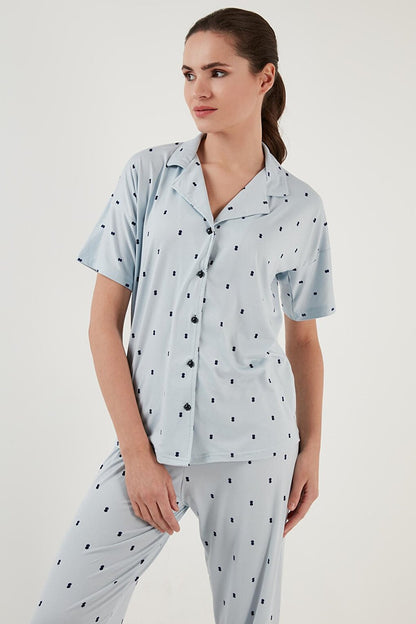 Patterned Short Sleeve Elastic Waist Shirt Collar Woven Pajama Set 6097515