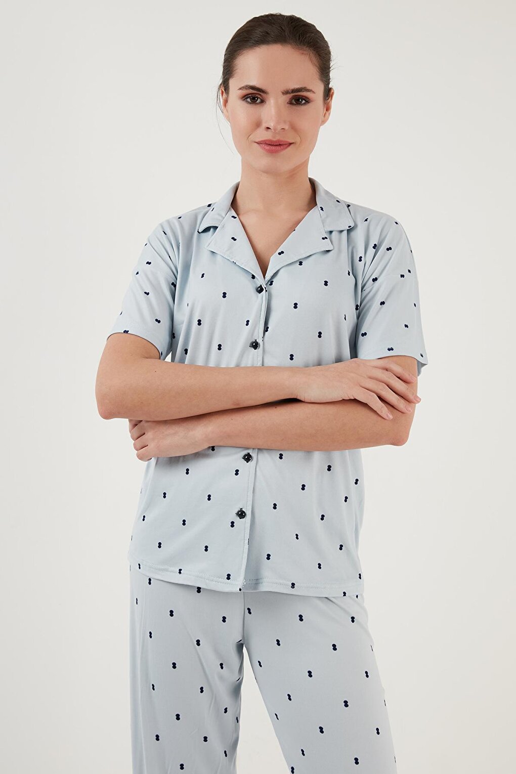 Patterned Short Sleeve Elastic Waist Shirt Collar Woven Pajama Set 6097515