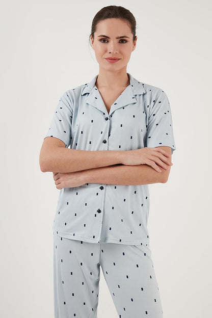 Patterned Short Sleeve Elastic Waist Shirt Collar Woven Pajama Set 6097515