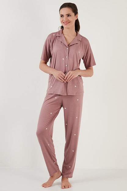 Patterned Short Sleeve Elastic Waist Shirt Collar Woven Pajama Set 6097515