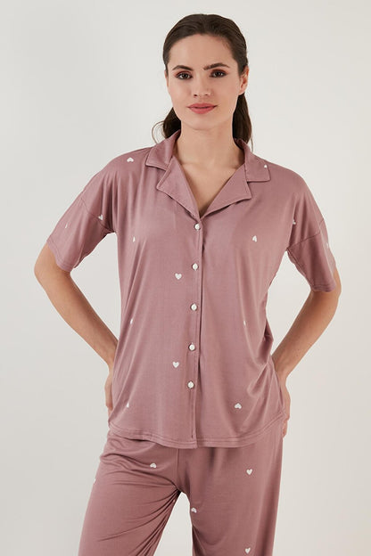 Patterned Short Sleeve Elastic Waist Shirt Collar Woven Pajama Set 6097515