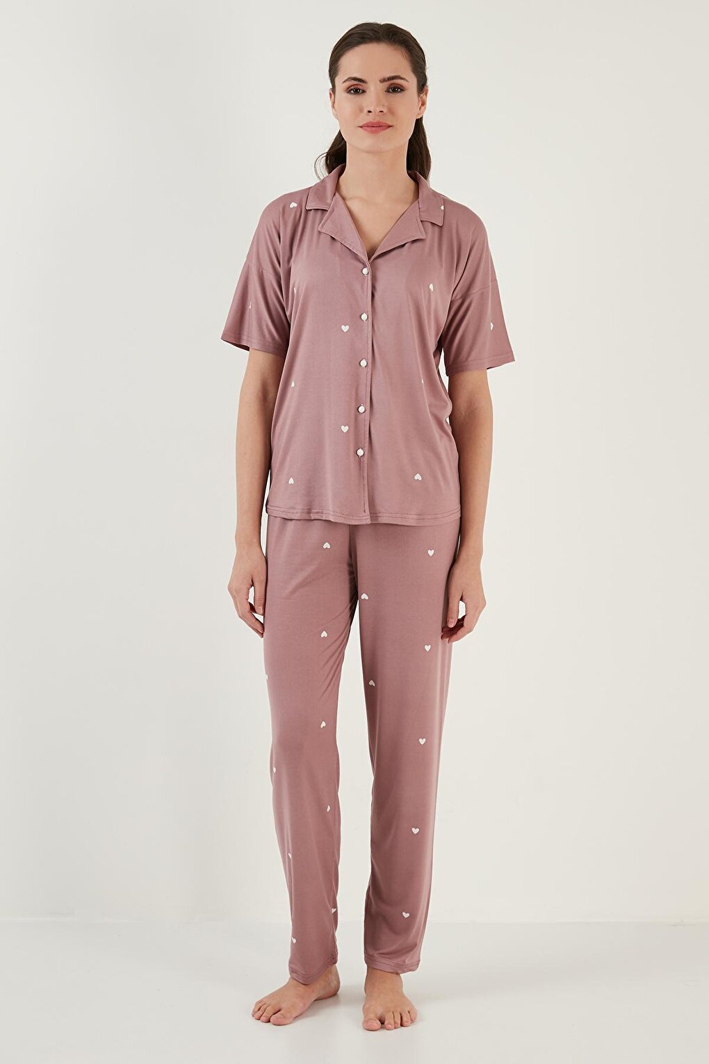 Patterned Short Sleeve Elastic Waist Shirt Collar Woven Pajama Set 6097515