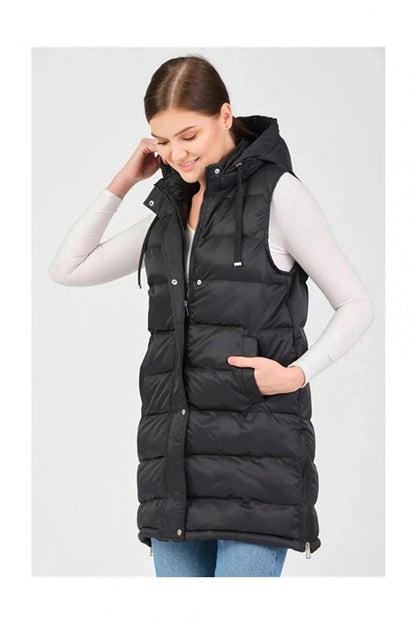 Black Hooded Zippered Long Puffer Vest