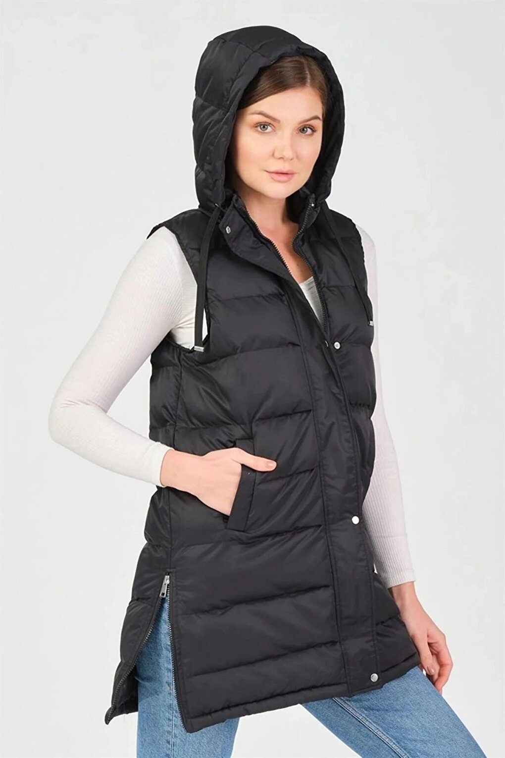 Black Hooded Zippered Long Puffer Vest