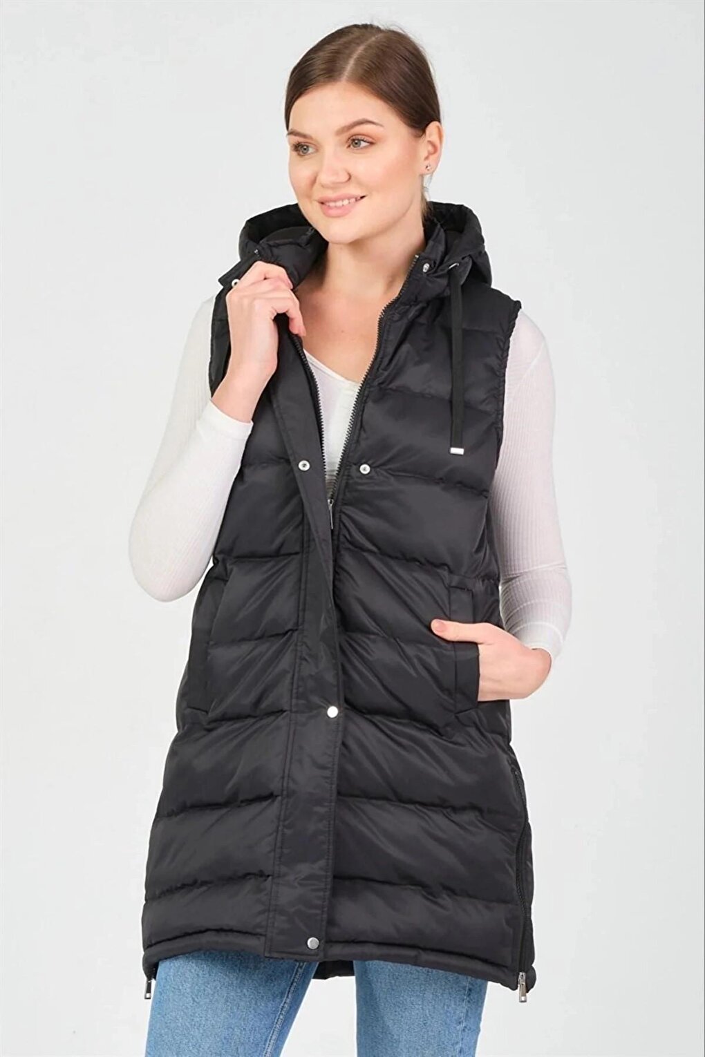 Black Hooded Zippered Long Puffer Vest