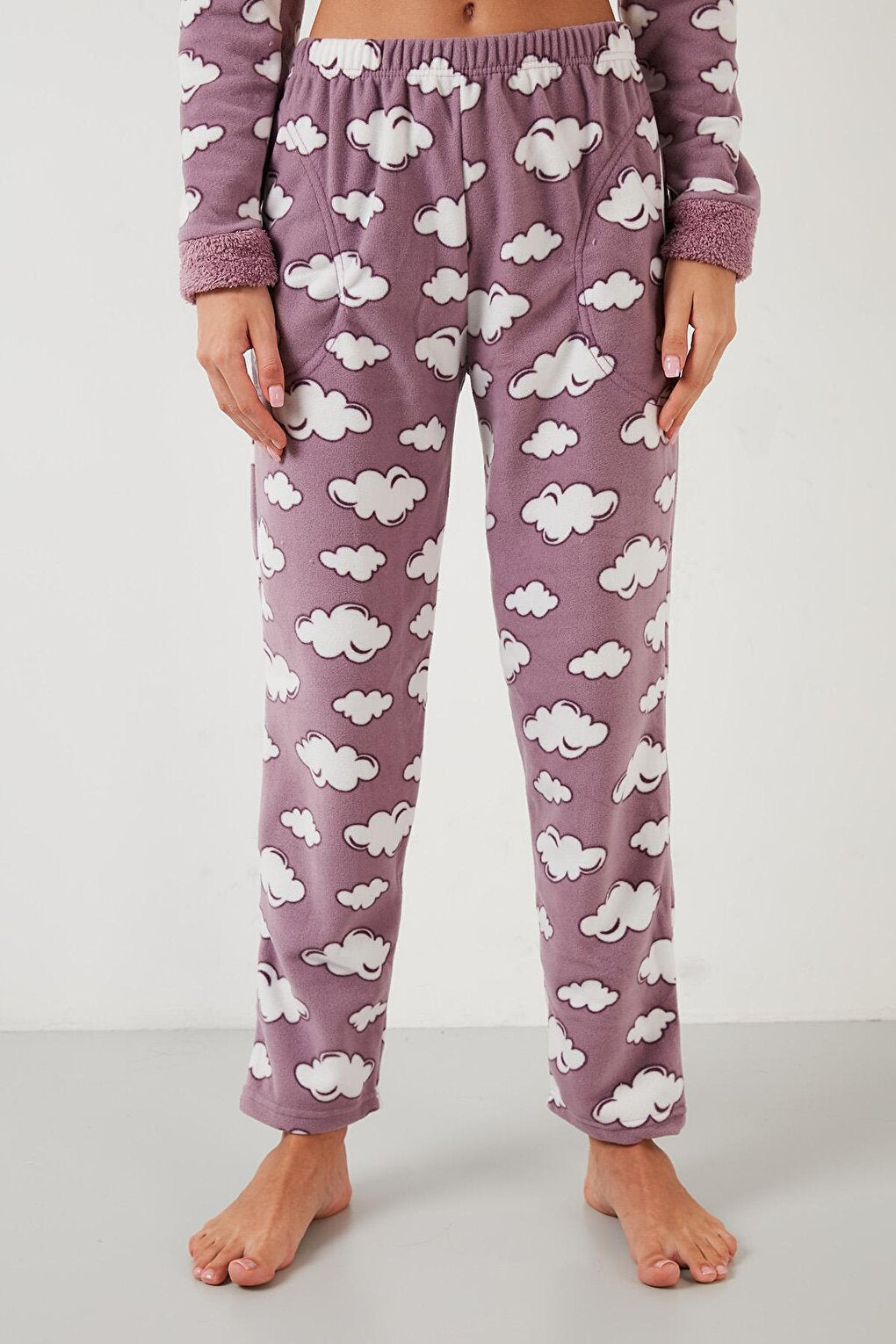 Cloud Patterned Pocketed Plush Pajama Set with Elastic Waist 6094120BULUT