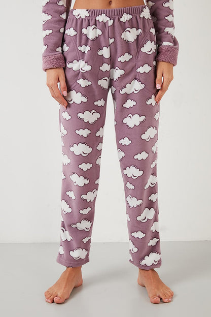 Cloud Patterned Pocketed Plush Pajama Set with Elastic Waist 6094120BULUT