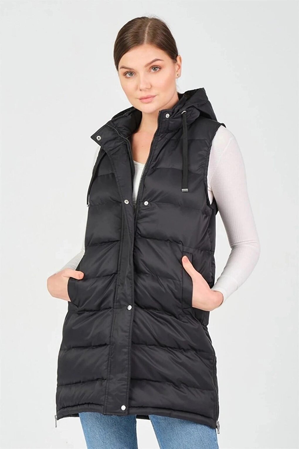 Black Hooded Zippered Long Puffer Vest