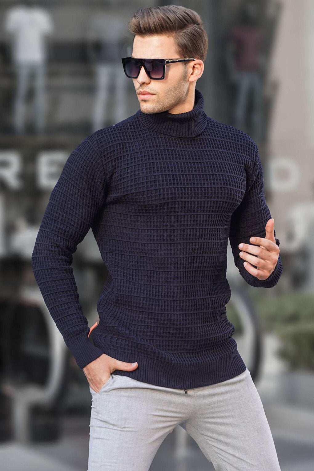 Navy Blue Turtleneck Knitwear Sweater 6832