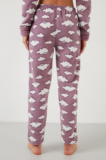 Cloud Patterned Pocketed Plush Pajama Set with Elastic Waist 6094120BULUT