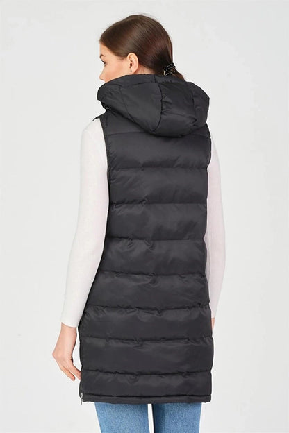 Black Hooded Zippered Long Puffer Vest