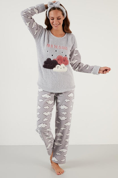 Cloud Patterned Pocketed Plush Pajama Set with Elastic Waist 6094120BULUT