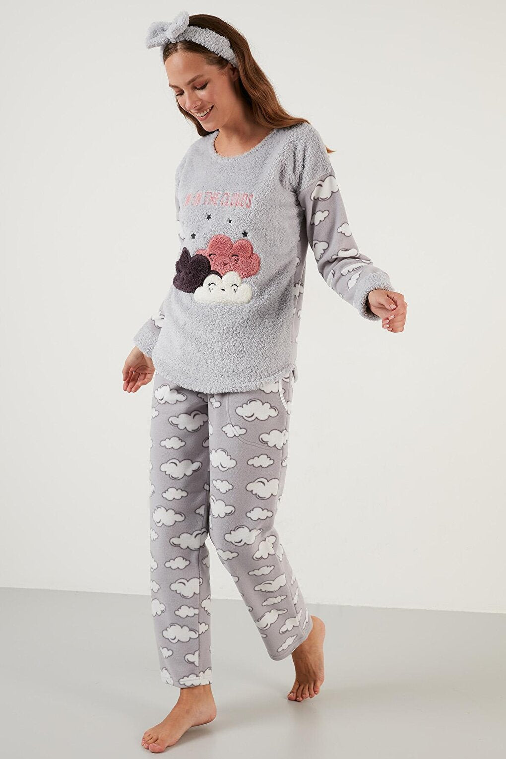 Cloud Patterned Pocketed Plush Pajama Set with Elastic Waist 6094120BULUT