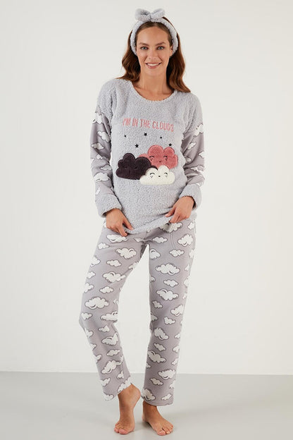 Cloud Patterned Pocketed Plush Pajama Set with Elastic Waist 6094120BULUT