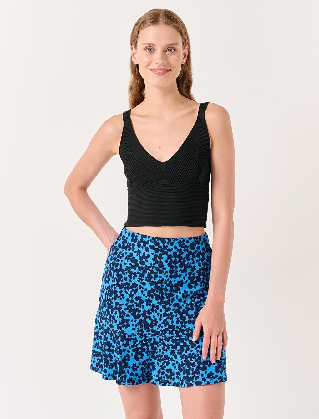 Navy Blue Normal Waist Patterned Mini Skirt