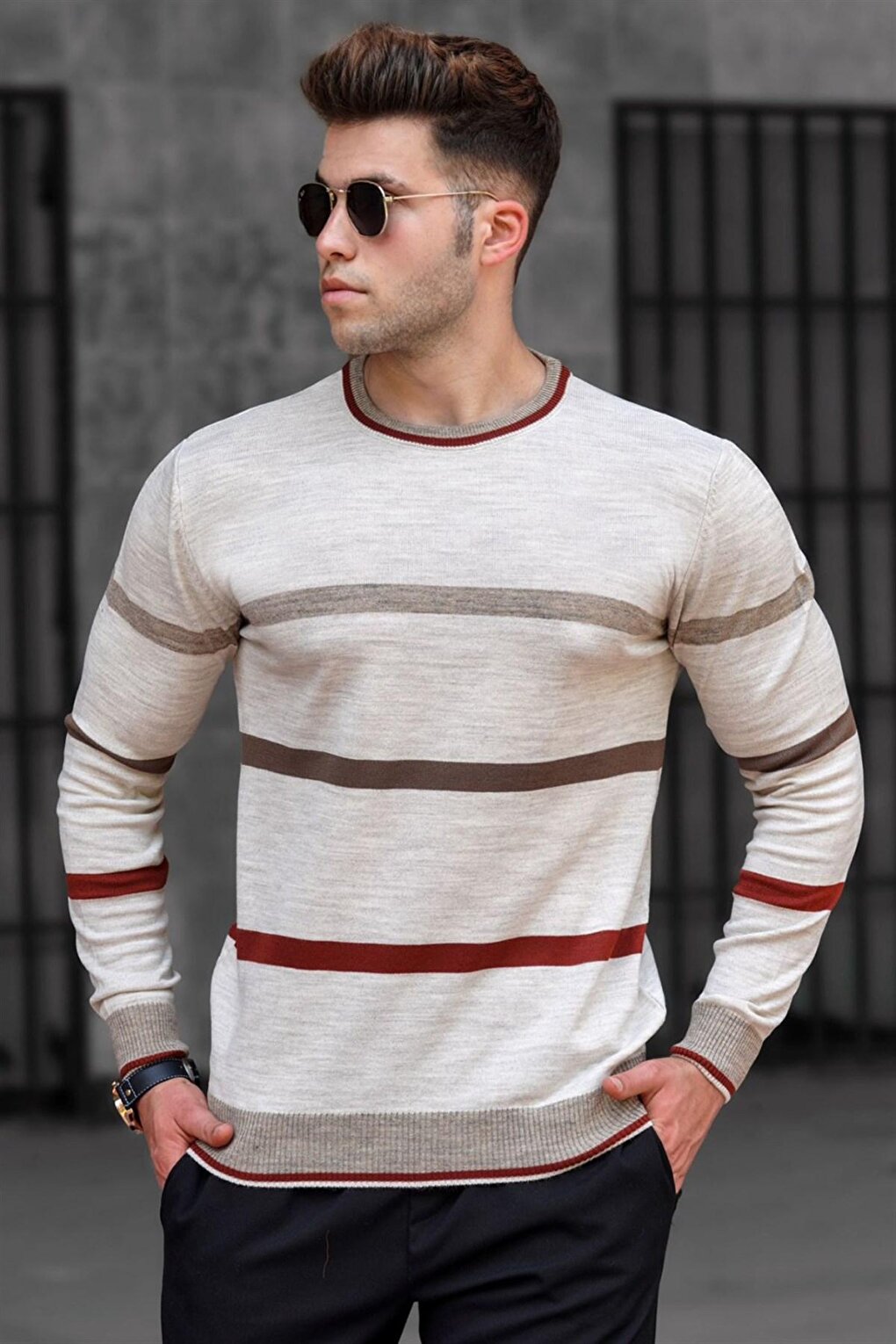 Beige Striped Knitwear Sweater 5171