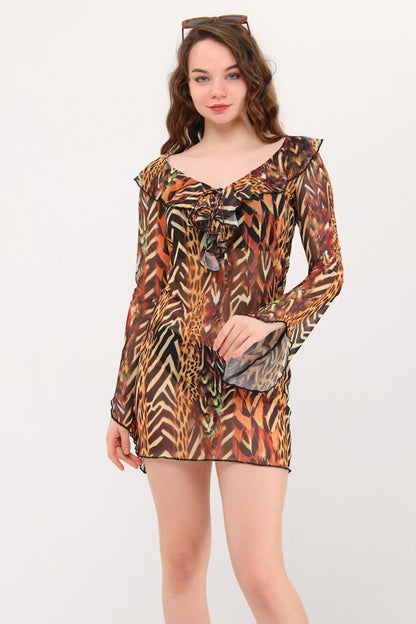 Azula Leopard Ruffle Tulle Beach Dress