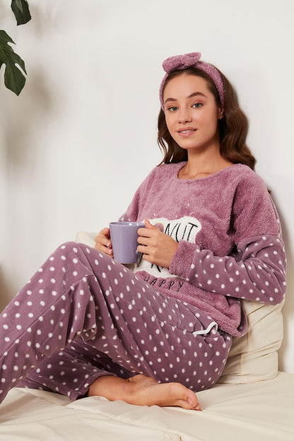 Printed Polka Dot Plush Pajama Set with Headband 6094120