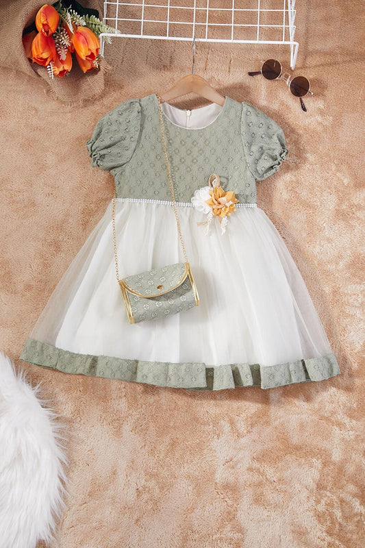 Girl's Tulle Dress with Green Pearl Stripe Bag 17253