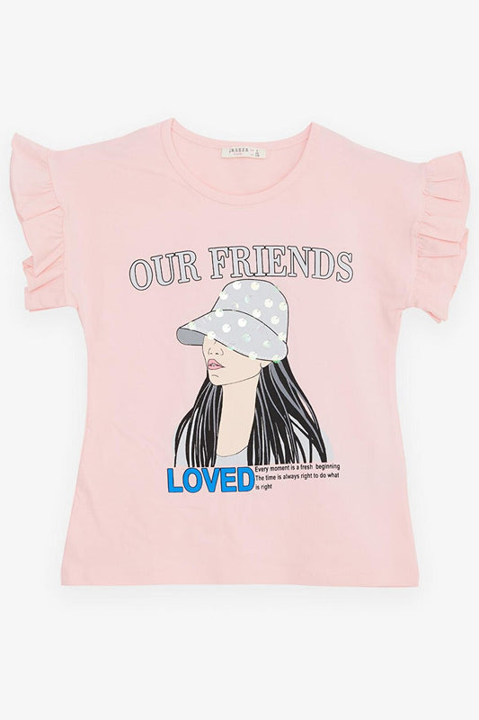 Girl's T-Shirt with Sequin Hat Girl Printed Pink (Age 8-12)