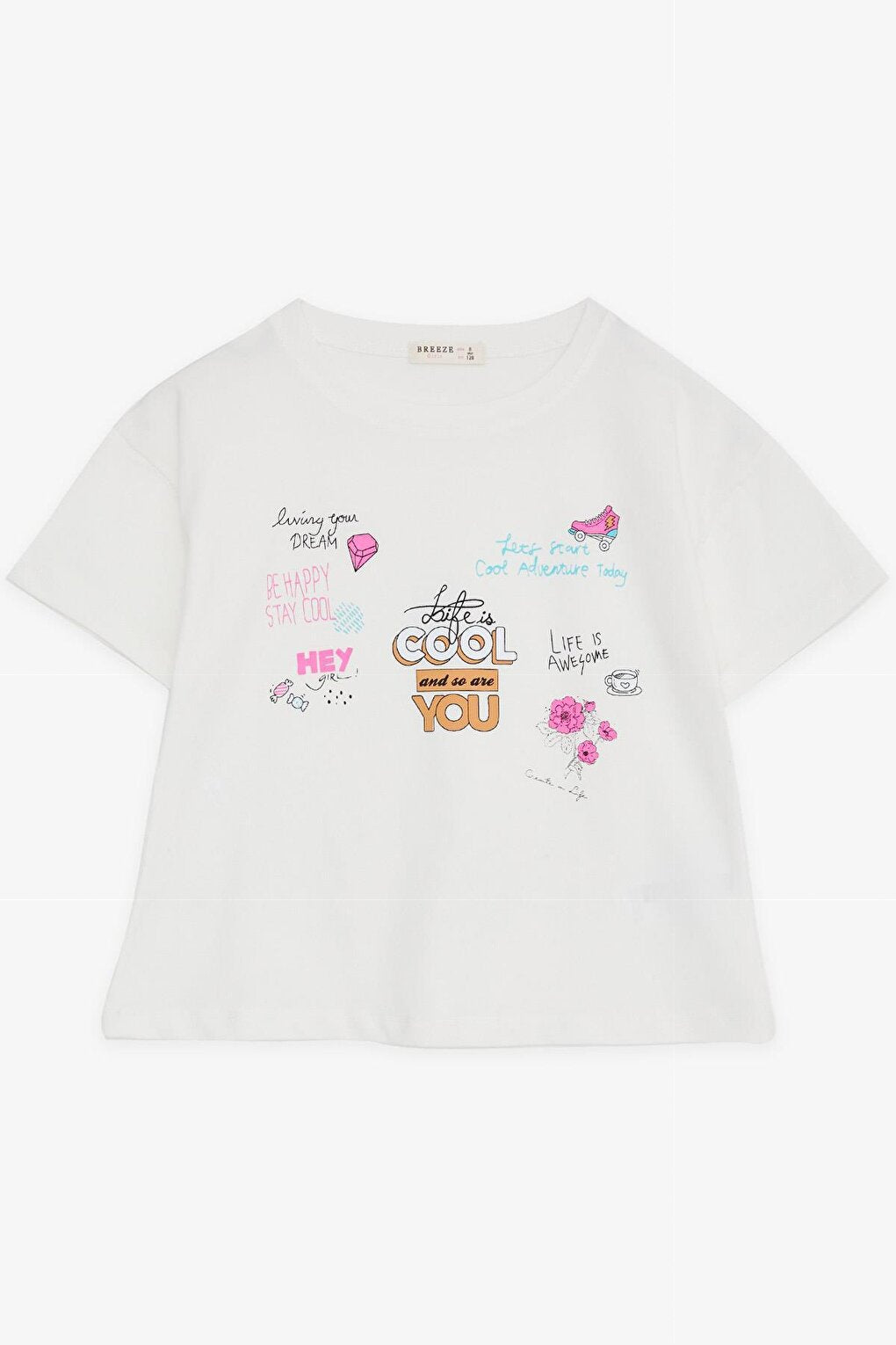 Girl's Crop T-Shirt Happiness Themed Ecru (Ages 8-14)