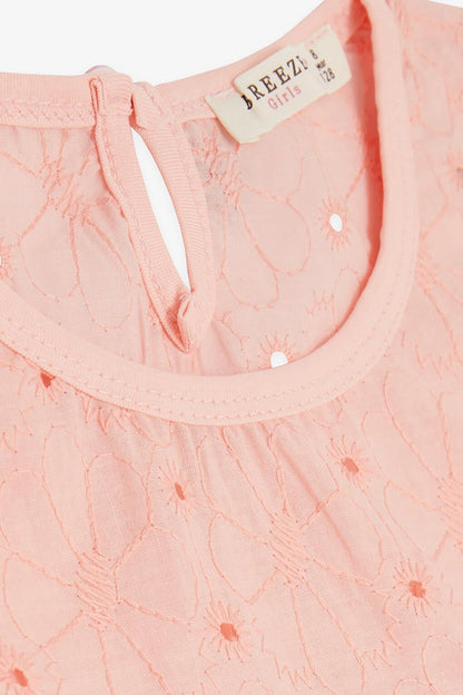 Girl's T-Shirt Floral Embroidered Salmon (4-8 Years)