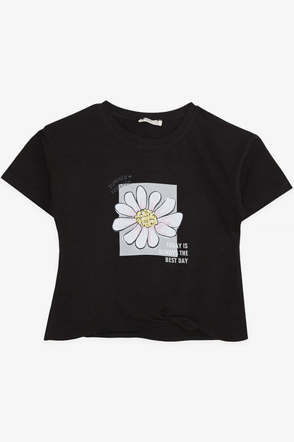 Girl's T-Shirt Summer Themed Floral Pattern Black (Age 9-14)