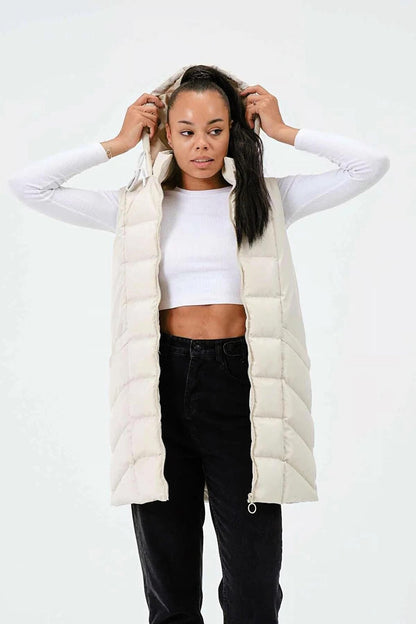 Cream Hooded Zippered Long Puffer Vest