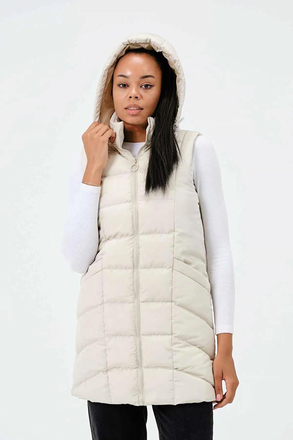 Cream Hooded Zippered Long Puffer Vest