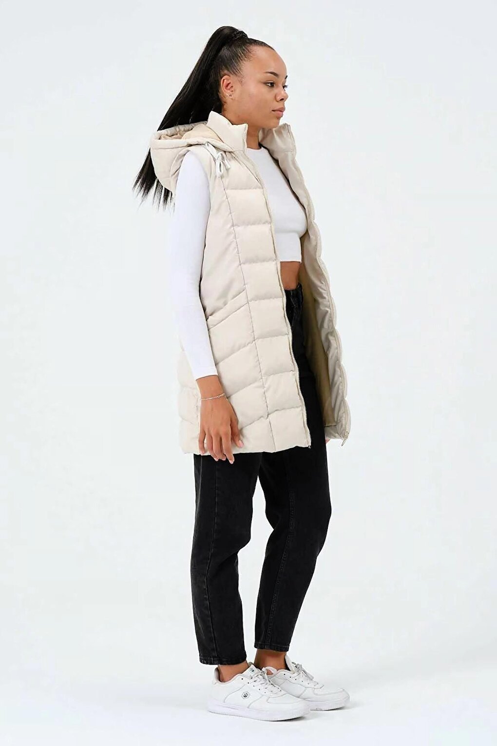 Cream Hooded Zippered Long Puffer Vest