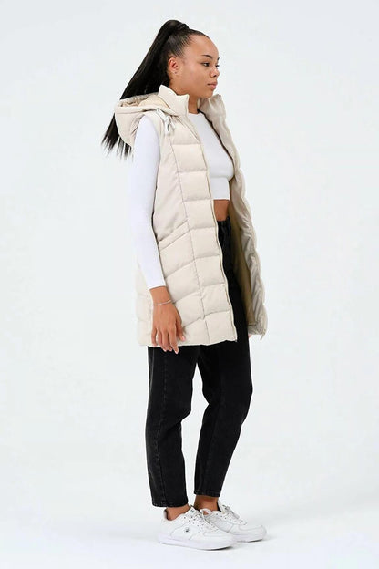 Cream Hooded Zippered Long Puffer Vest