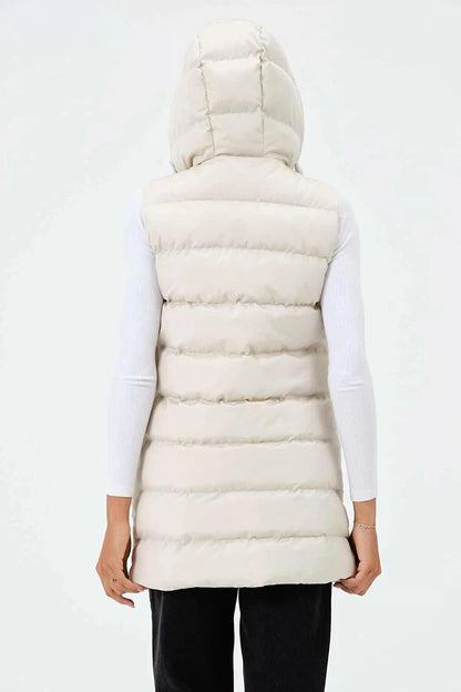 Cream Hooded Zippered Long Puffer Vest