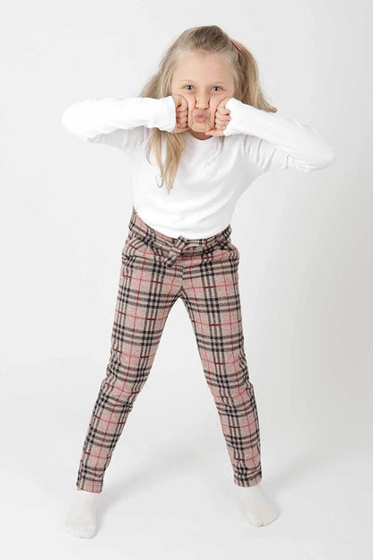 Girl's Plaid Belted Trend Trousers Ak2201